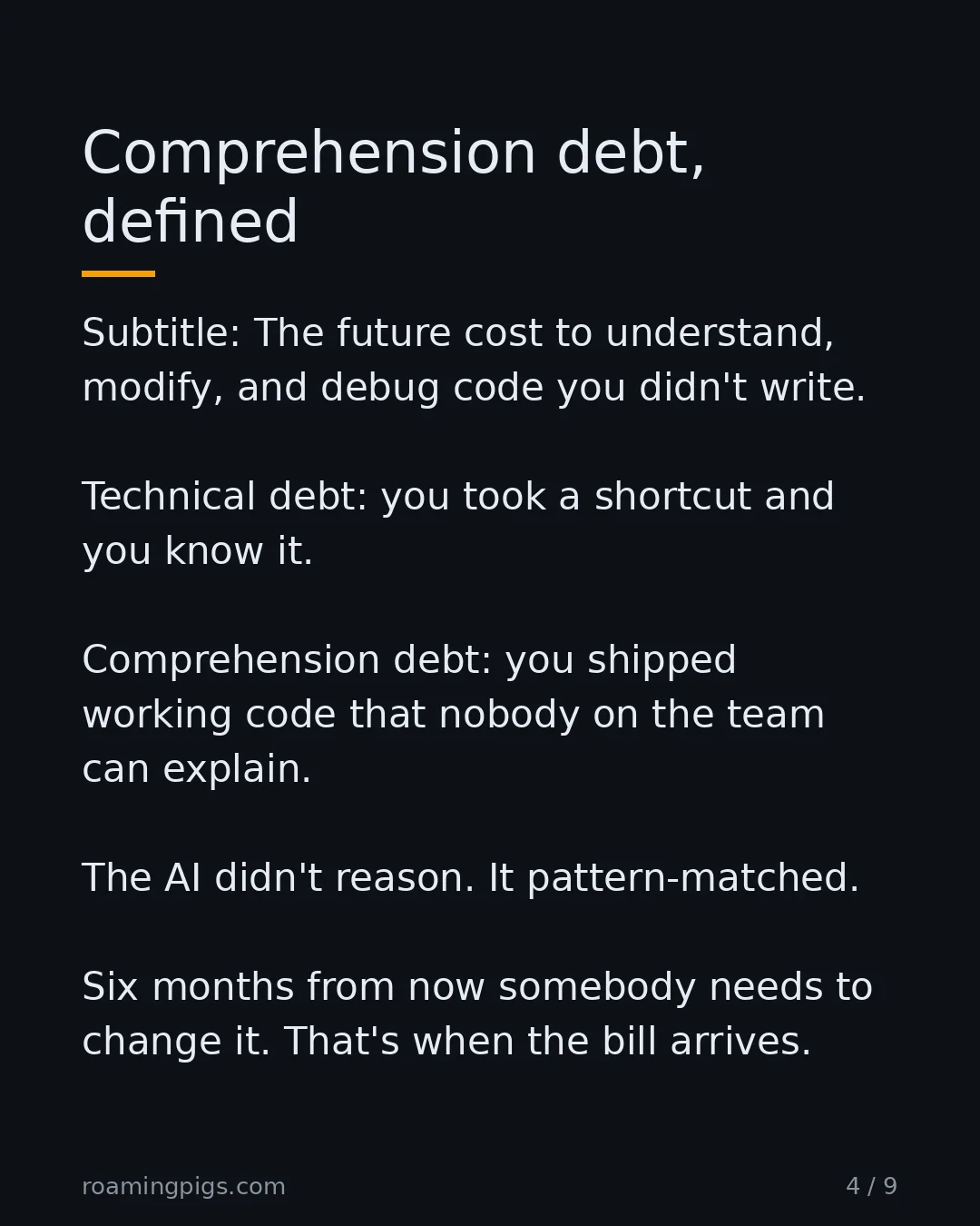 Slide 4 of 9: Comprehension debt, defined. Subtitle: The future cost to understand, modify, and debug code you didn't write. Technical debt: you took a…