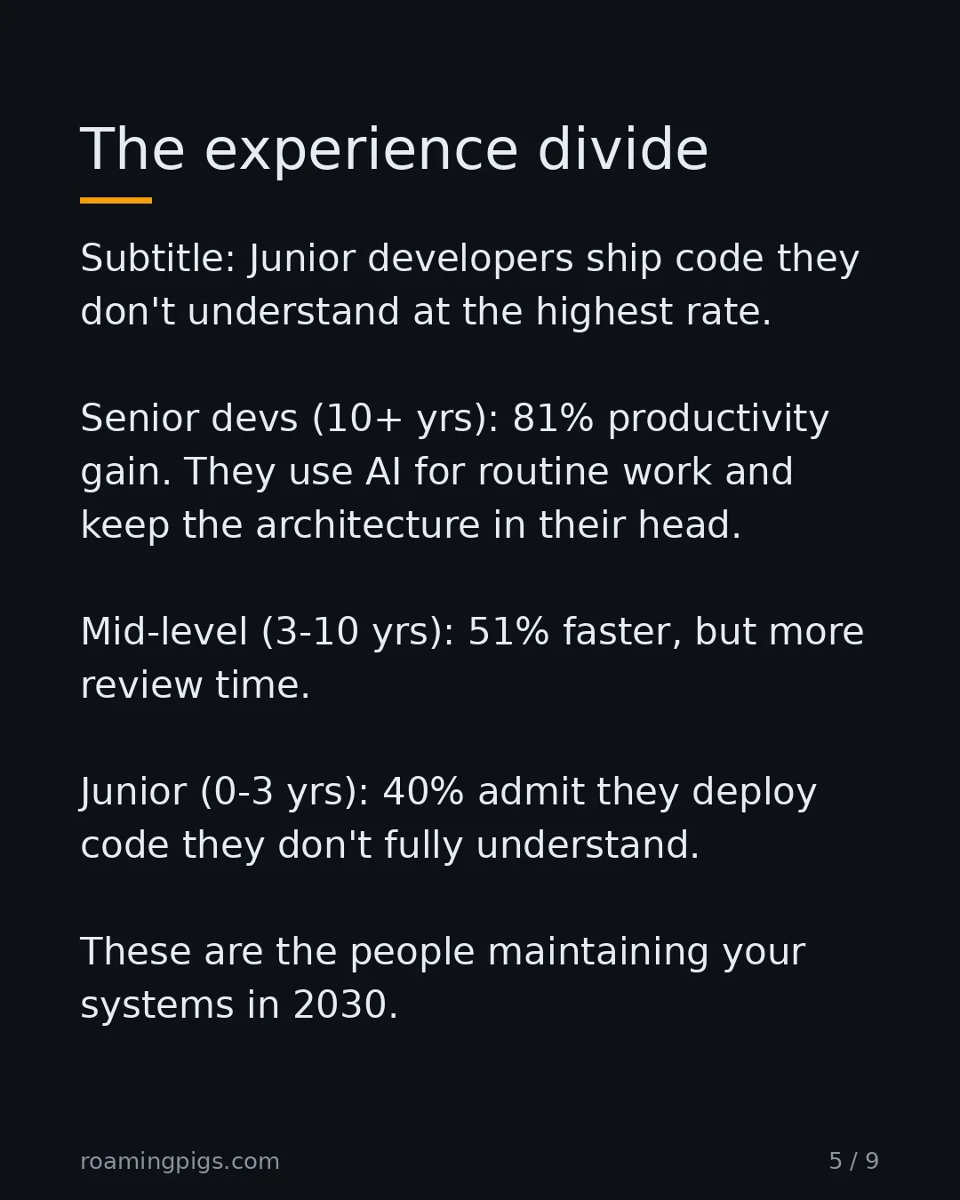 Slide 5 of 9: The experience divide. Subtitle: Junior developers ship code they don't understand at the highest rate. Senior devs (10+ yrs): 81%…