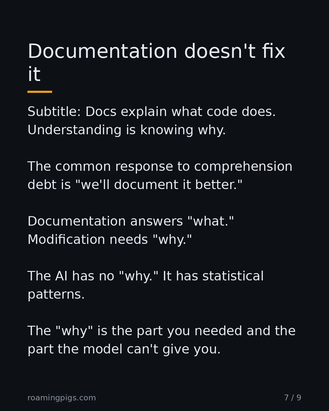 Slide 7 of 9: Documentation doesn't fix it. Subtitle: Docs explain what code does. Understanding is knowing why. The common response to comprehension…
