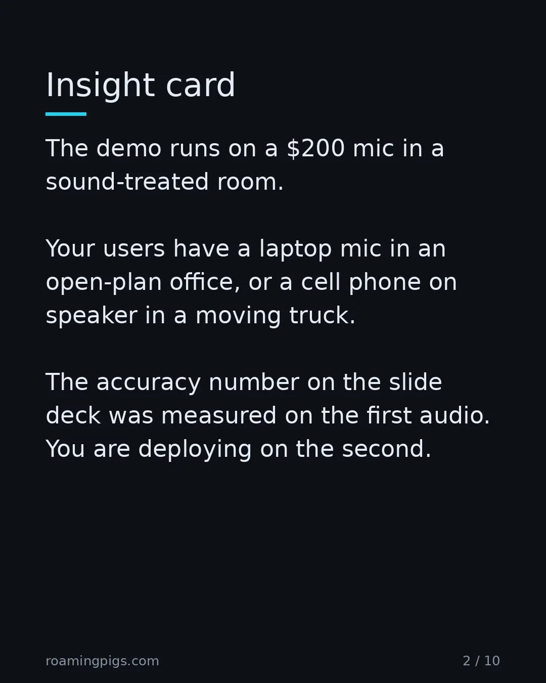 Slide 2 of 10: Insight card. The demo runs on a $200 mic in a sound-treated room. Your users have a laptop mic in an open-plan office, or a cell phone on…