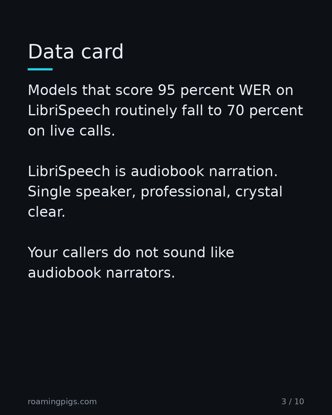 Slide 3 of 10: Data card. Models that score 95 percent WER on LibriSpeech routinely fall to 70 percent on live calls. LibriSpeech is audiobook narration.…