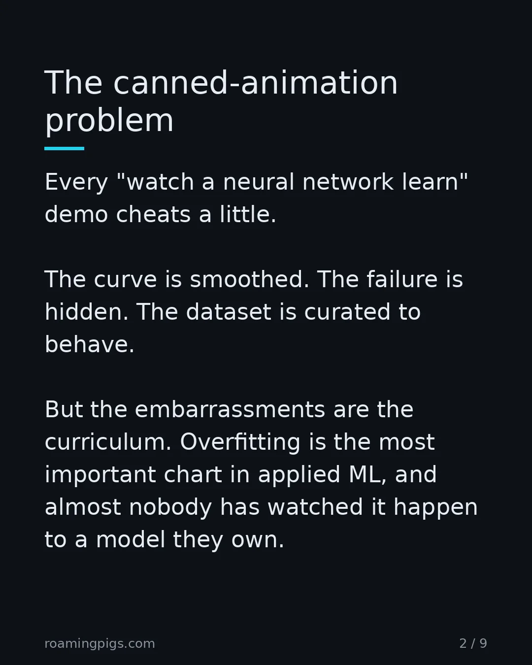 Slide 2 of 9: The canned-animation problem. Every "watch a neural network learn" demo cheats a little. The curve is smoothed. The failure is hidden. The…