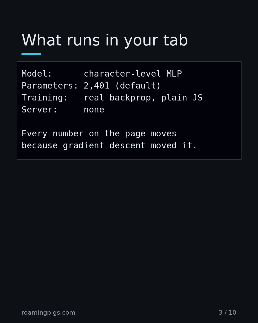 Slide 3 of 10: What runs in your tab. Code example
