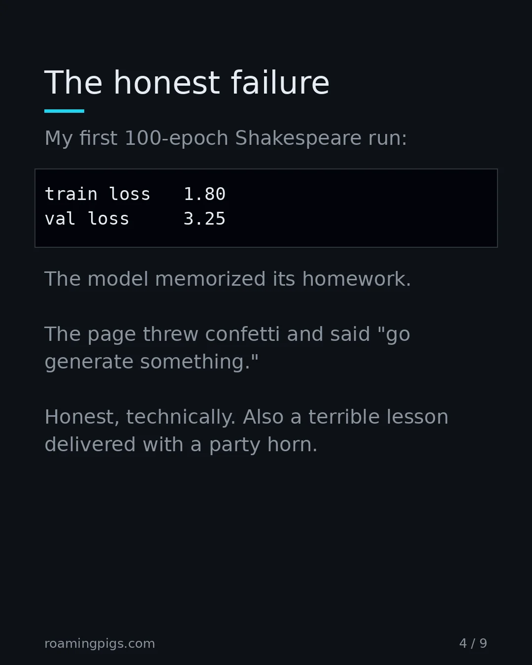 Slide 4 of 9: The honest failure. Code example. My first 100-epoch Shakespeare run: