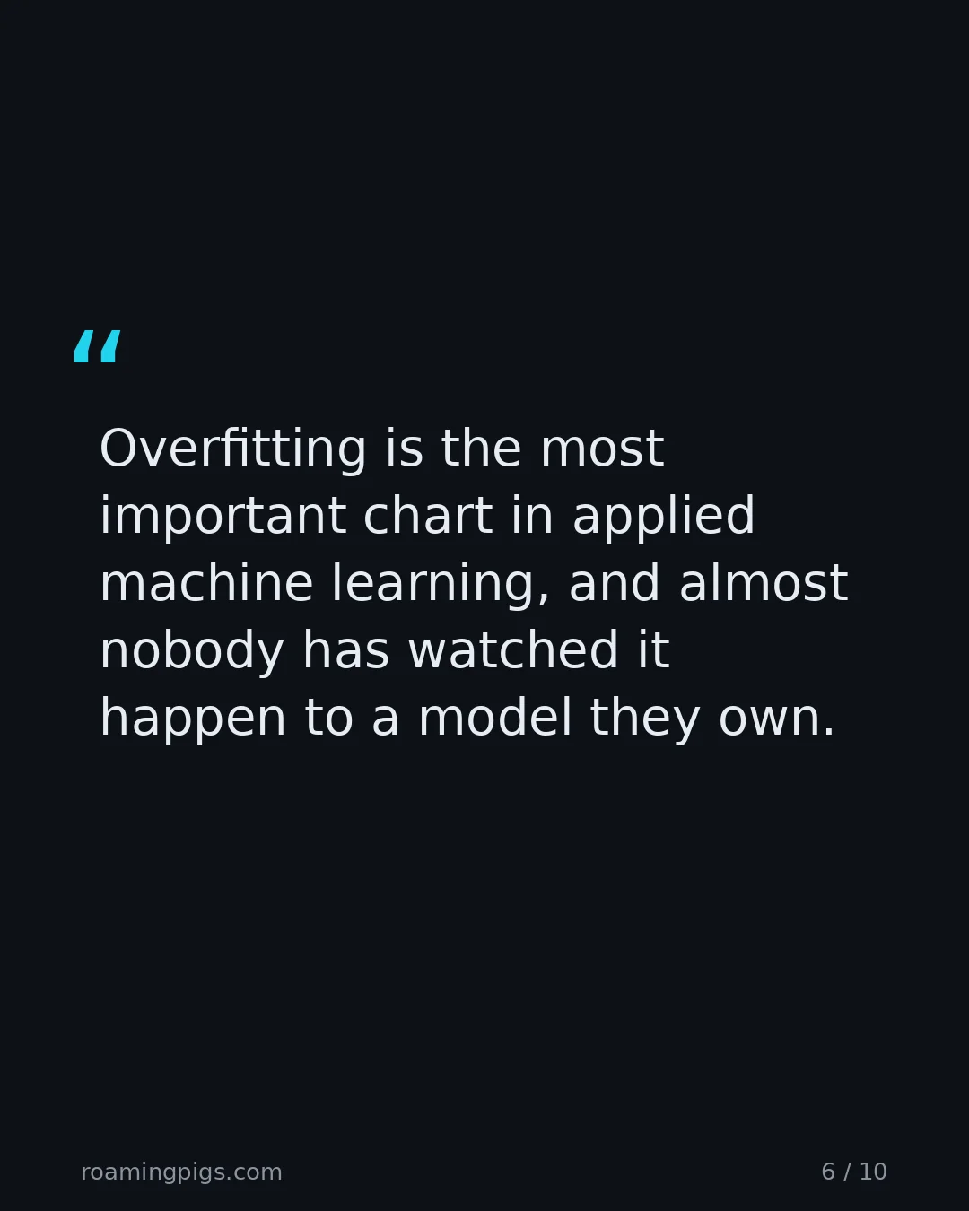 Slide 6 of 10: Quote: Overfitting is the most important chart in applied machine learning, and almost nobody has watched it happen to a model they own.