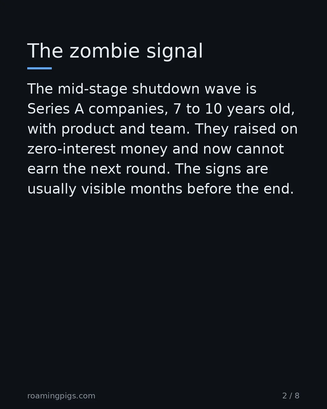 Slide 2 of 8: The zombie signal. The mid-stage shutdown wave is Series A companies, 7 to 10 years old, with product and team. They raised on…