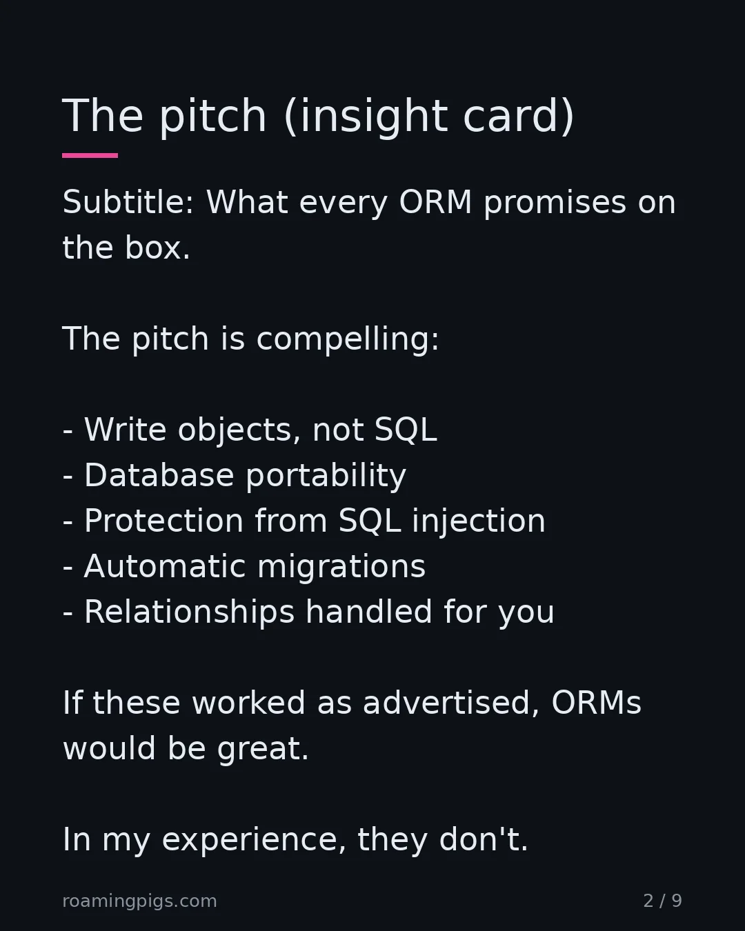 Slide 2 of 9: The pitch (insight card). Subtitle: What every ORM promises on the box. The pitch is compelling: Write objects, not SQL Database…