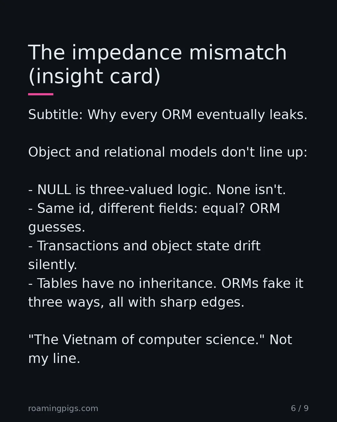 Slide 6 of 9: The impedance mismatch (insight card). Subtitle: Why every ORM eventually leaks. Object and relational models don't line up: NULL is…