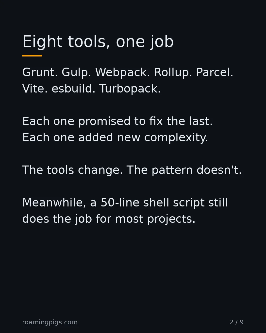Slide 2 of 9: Eight tools, one job. Grunt. Gulp. Webpack. Rollup. Parcel. Vite. esbuild. Turbopack. Each one promised to fix the last. Each one added new…
