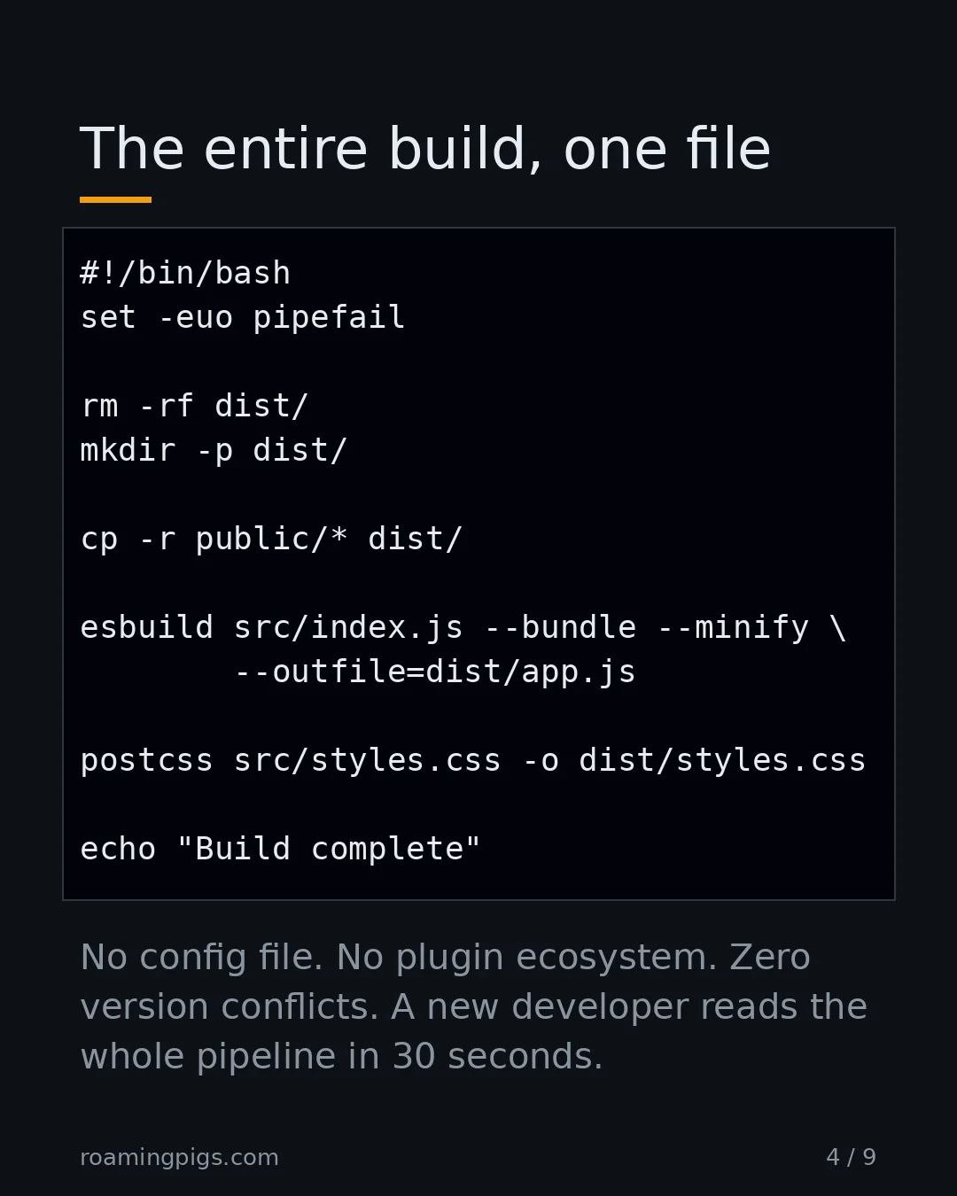 Slide 4 of 9: The entire build, one file. Code example. No config file. No plugin ecosystem. Zero version conflicts. A new developer reads the whole…