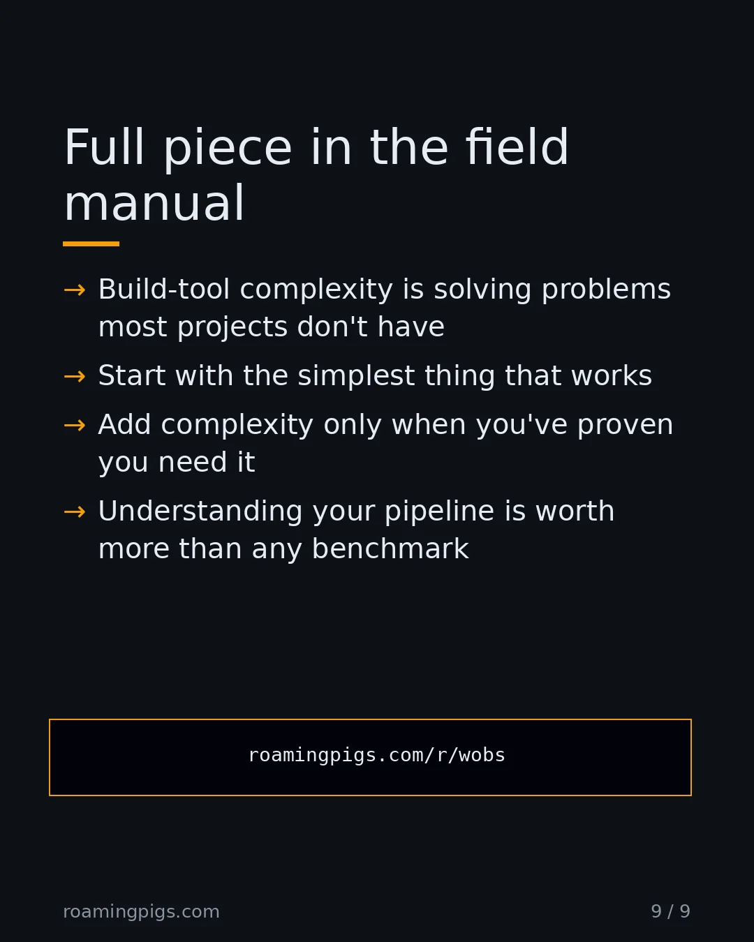 Slide 9 of 9: Call to action: The bottom line: Build-tool complexity is solving problems most projects don't have Start with the simplest thing that…