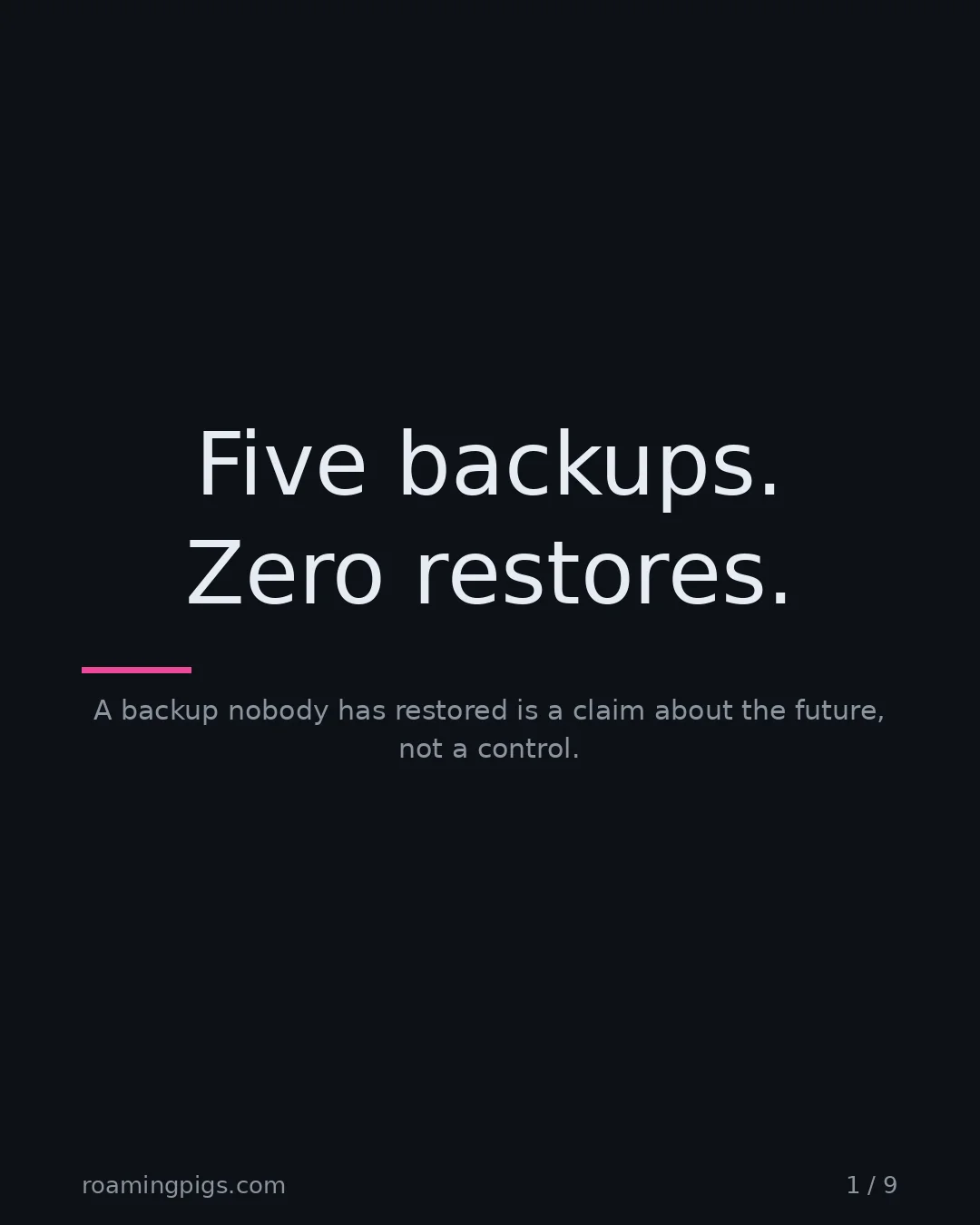 Slide 1 of 9: Five backups. Zero restores.. A backup nobody has restored is a claim about the future, not a control