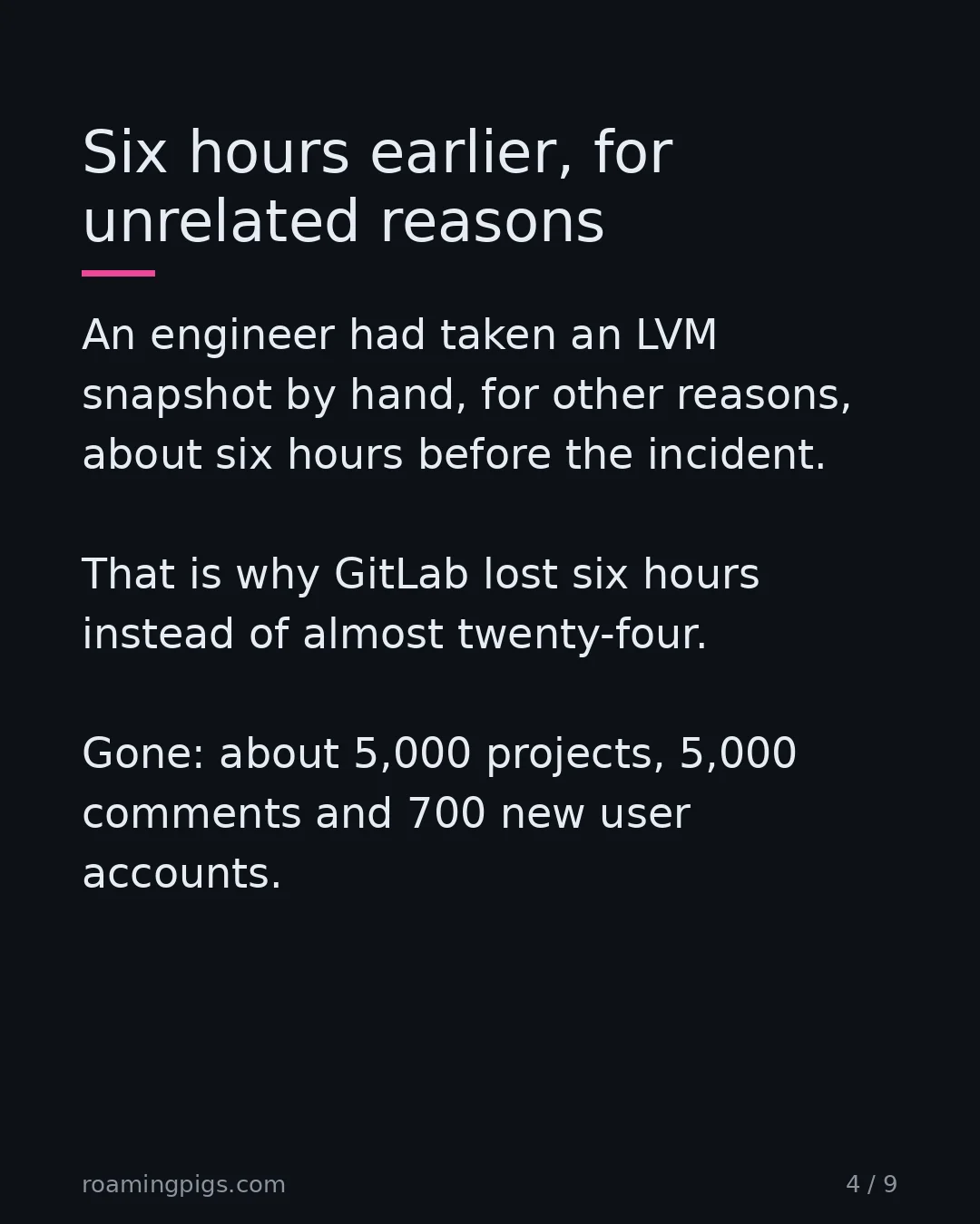 Slide 4 of 9: Six hours earlier, for unrelated reasons. An engineer had taken an LVM snapshot by hand, for other reasons, about six hours before the…