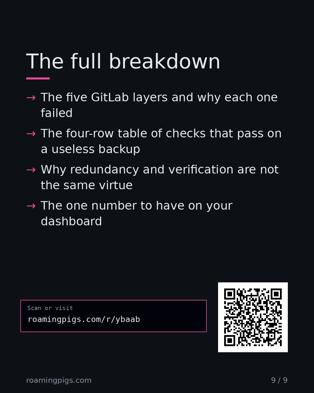 Slide 9 of 9: Call to action: The five GitLab layers and why each one failed The four-row table of checks that pass on a useless backup Why redundancy…