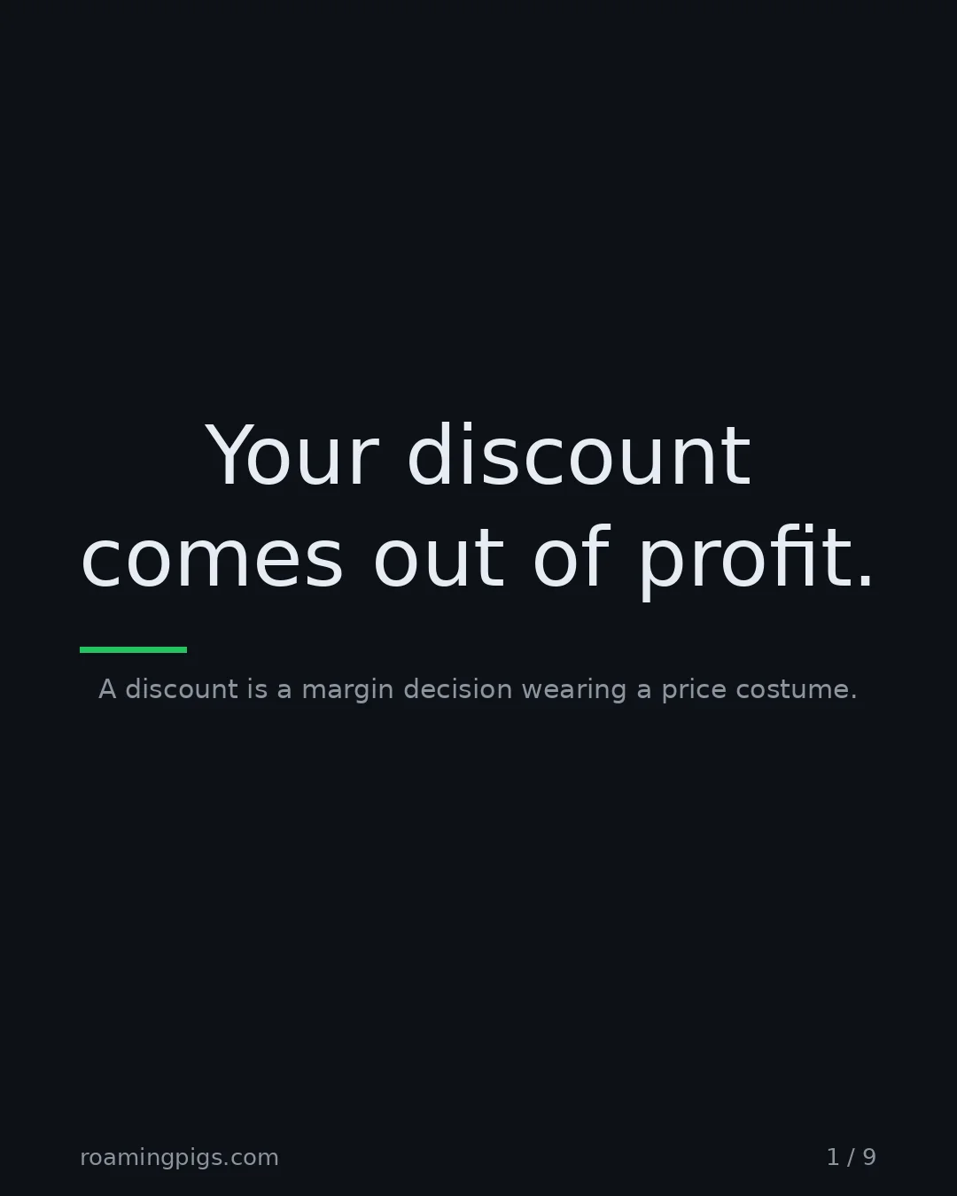 Slide 1 of 9: Your discount comes out of profit.. A discount is a margin decision wearing a price costume