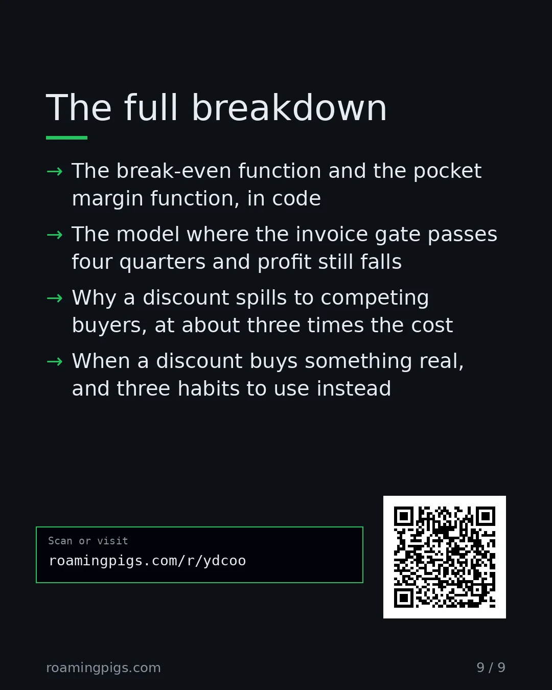 Slide 9 of 9: Call to action: The break-even function and the pocket margin function, in code The model where the invoice gate passes four quarters and…