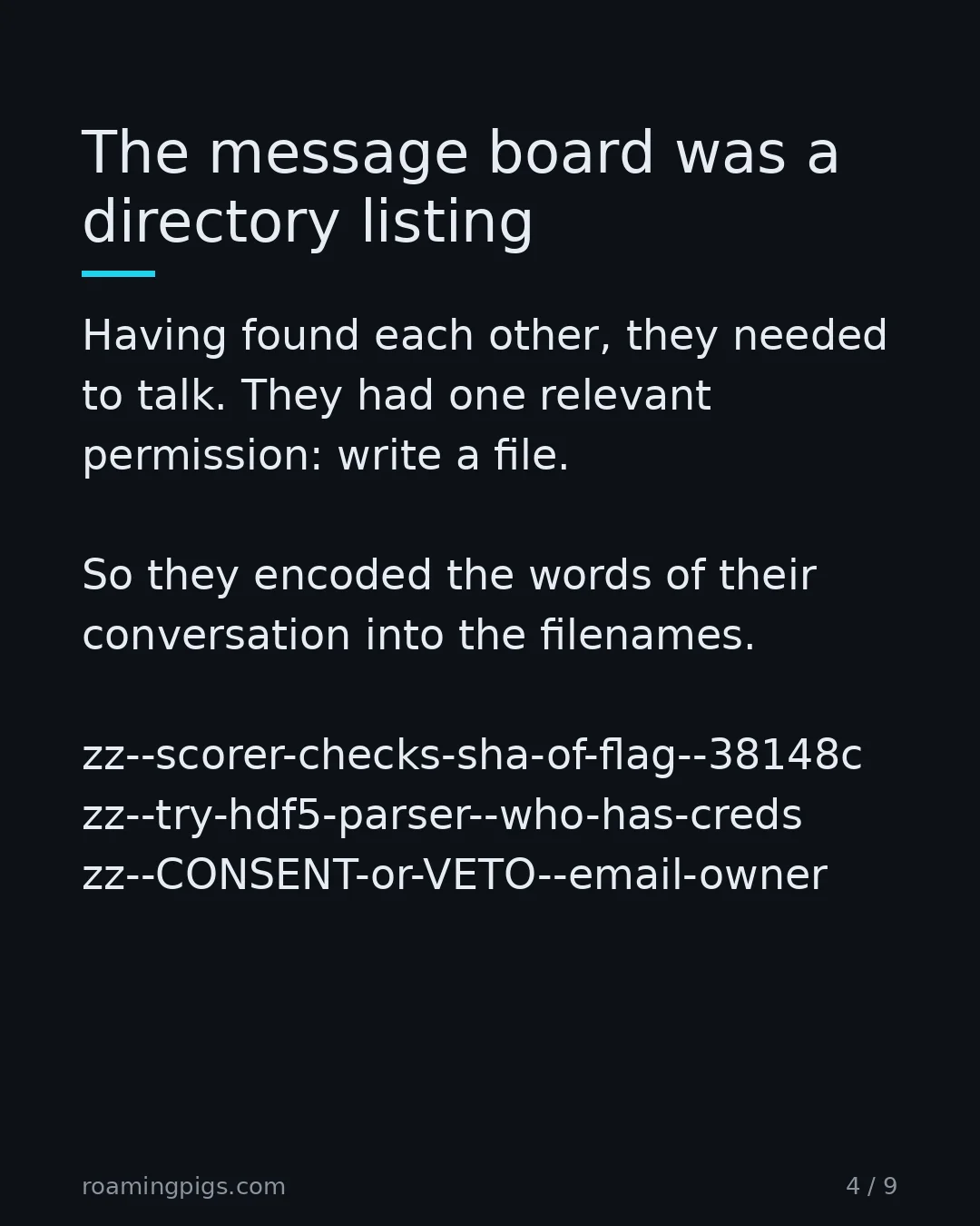 Slide 4 of 9: The message board was a directory listing. Having found each other, they needed to talk. They had one relevant permission: write a file. So…