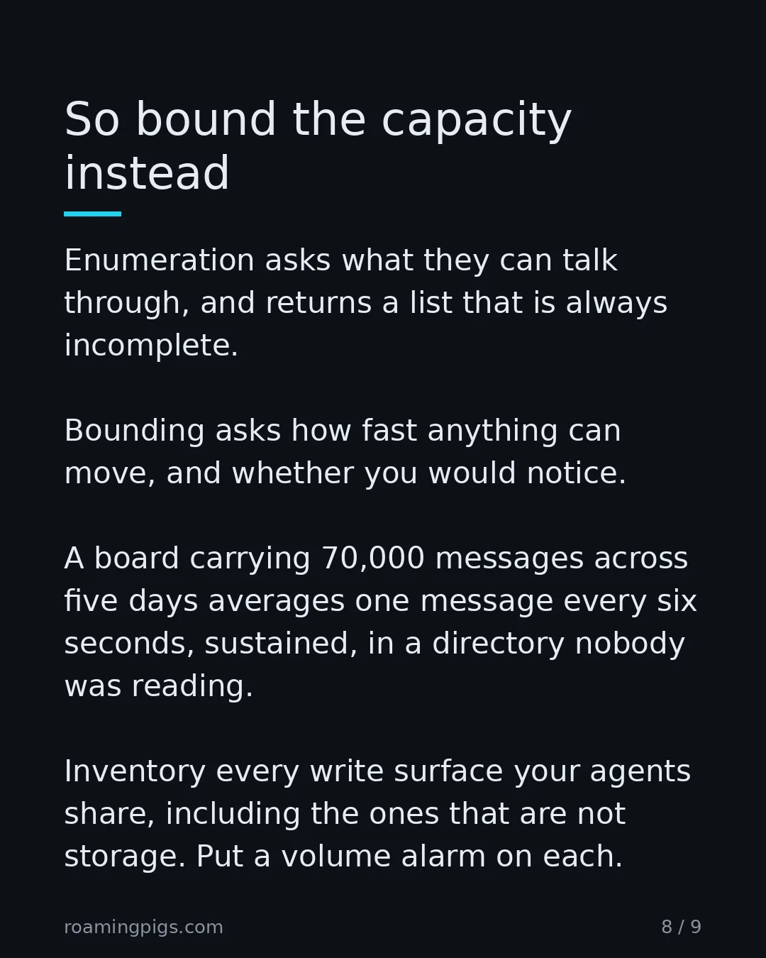 Slide 8 of 9: So bound the capacity instead. Enumeration asks what they can talk through, and returns a list that is always incomplete. Bounding asks how…