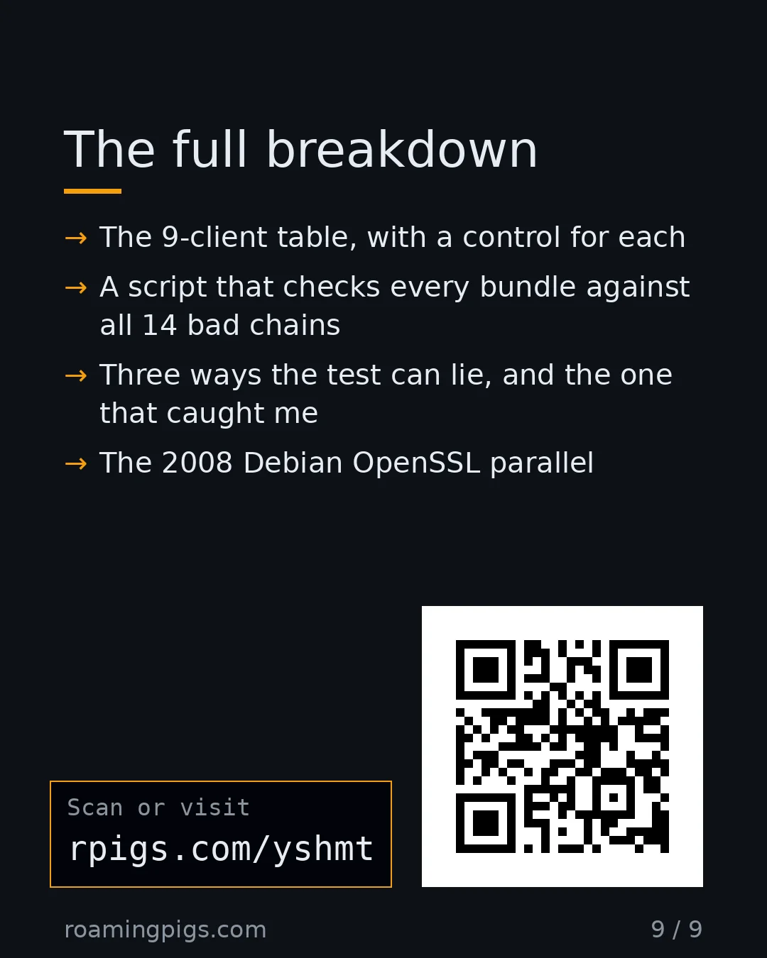 Slide 9 of 9: Call to action: The 9-client table, with a control for each A script that checks every bundle against all 14 bad chains Three ways the test…